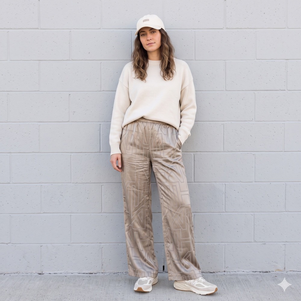 Kith Womens Pants Medium Taupe Silk Cotton Monogram Wide Leg Streetwear Luxury